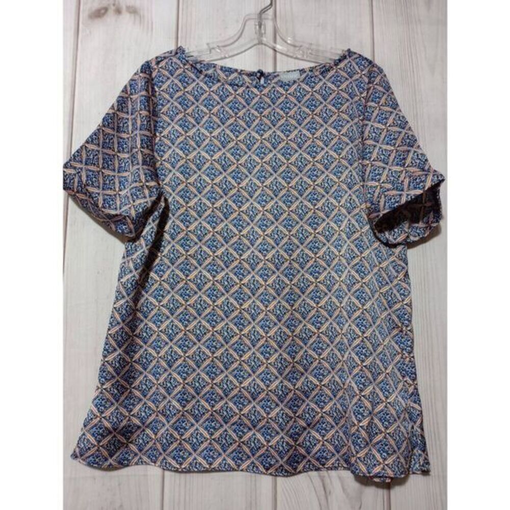 Chico's Shirt Ladies Small Chico's 1 Blue Orange Short Sleeve Boat Neck Light We